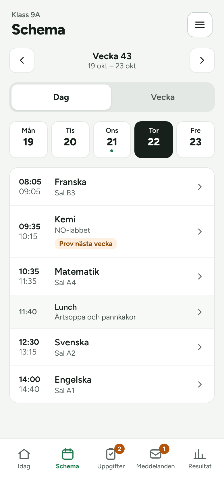 Elevens schema för torsdag med prov markerat på rätt lektion