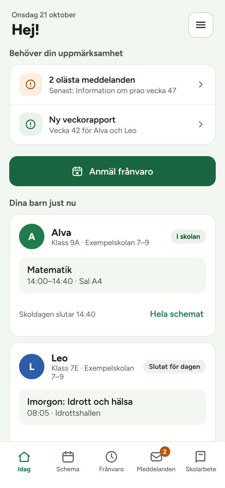Mklass startsida för vårdnadshavare med olästa meddelanden, knapp för frånvaro och barnens dag