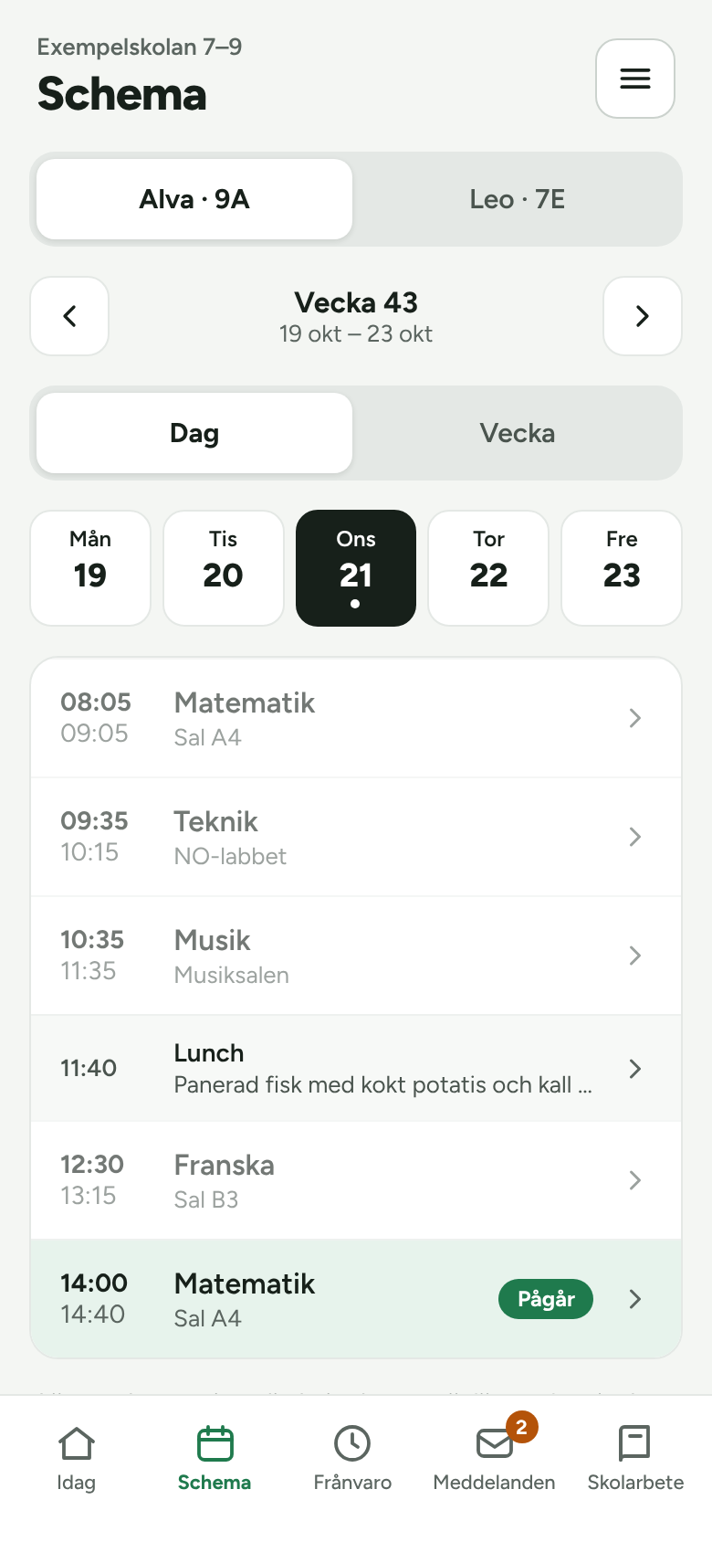 Veckoschema för ett barn med lektioner och lunch